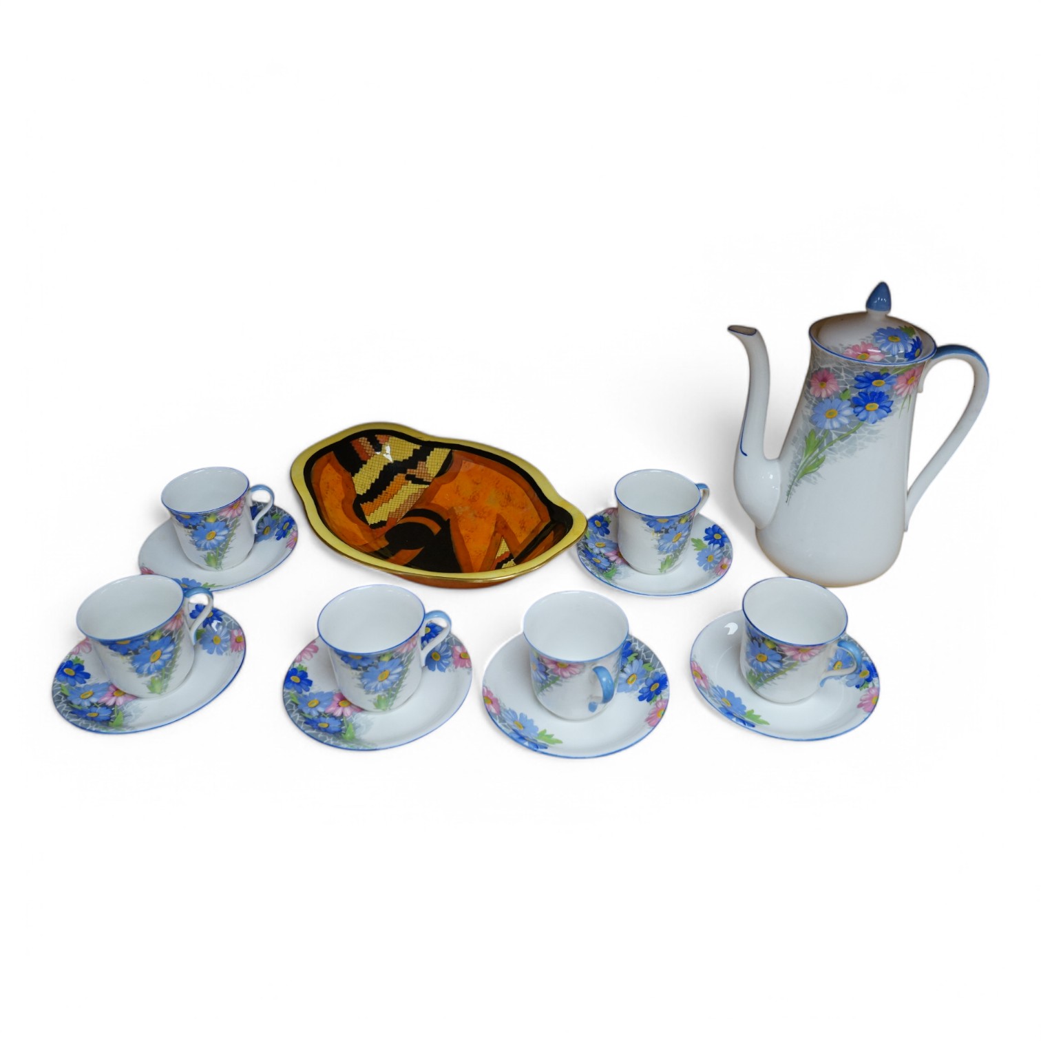 A Shelley porcelain coffee set and a Carltonware Jazz pattern dish, largest 23cm high. Condition - good